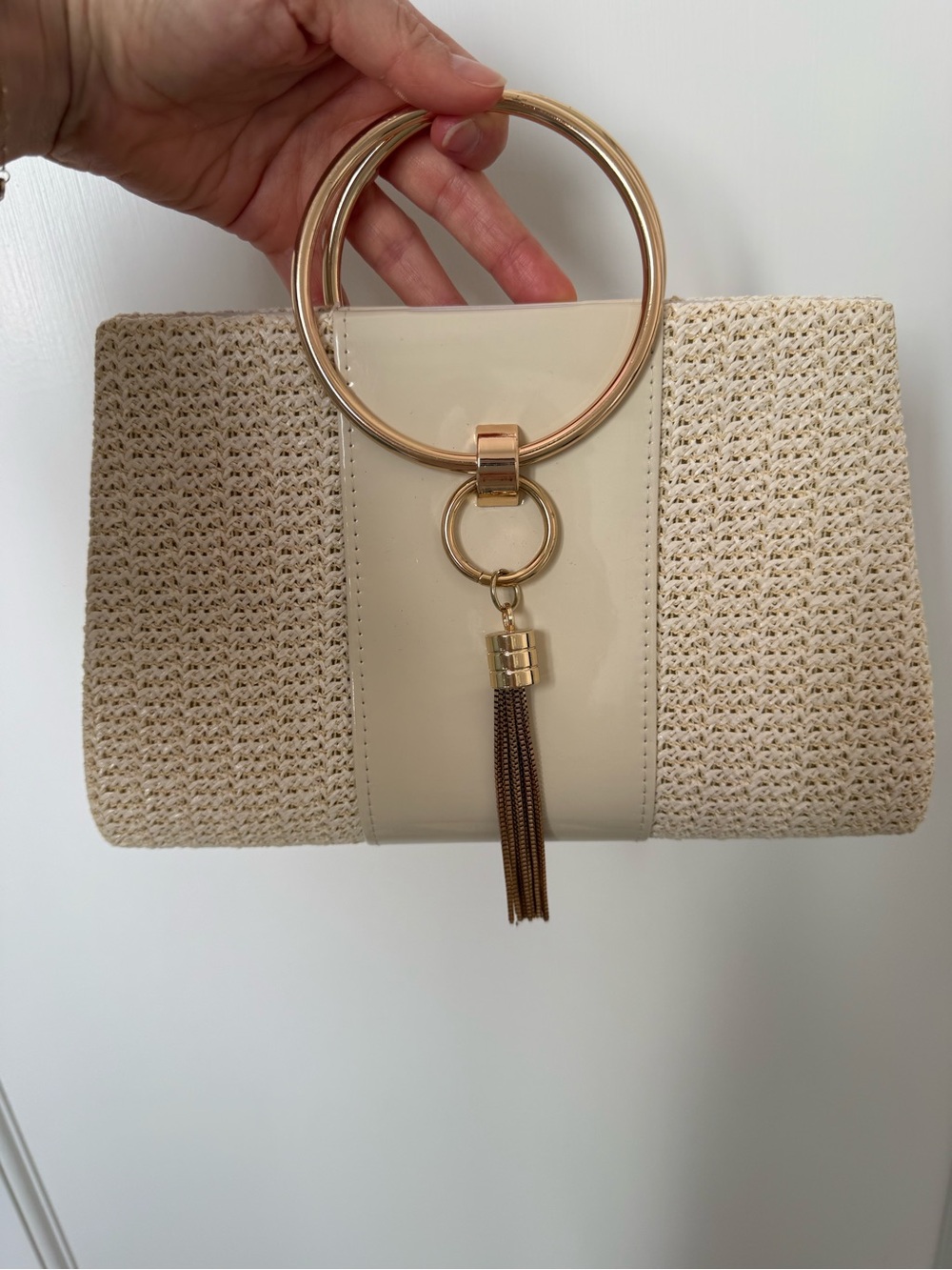 Neutral Woven Clutch with Gold Ring Handles